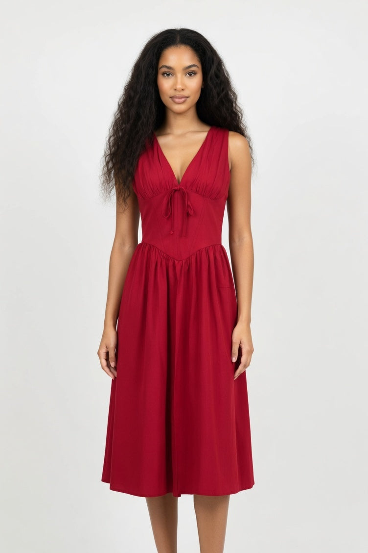 V-Neck Printed Halter Dress — Red