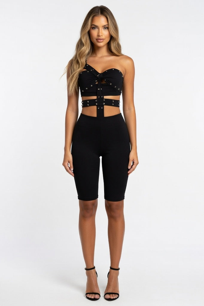 Rivet Detail Hollow Cut-Out Jumpsuit — Black