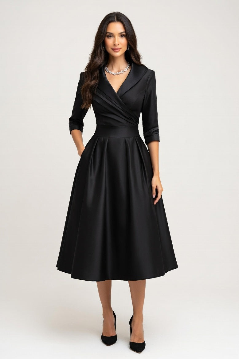 Satin Waist-Tie Midi Dress — Black