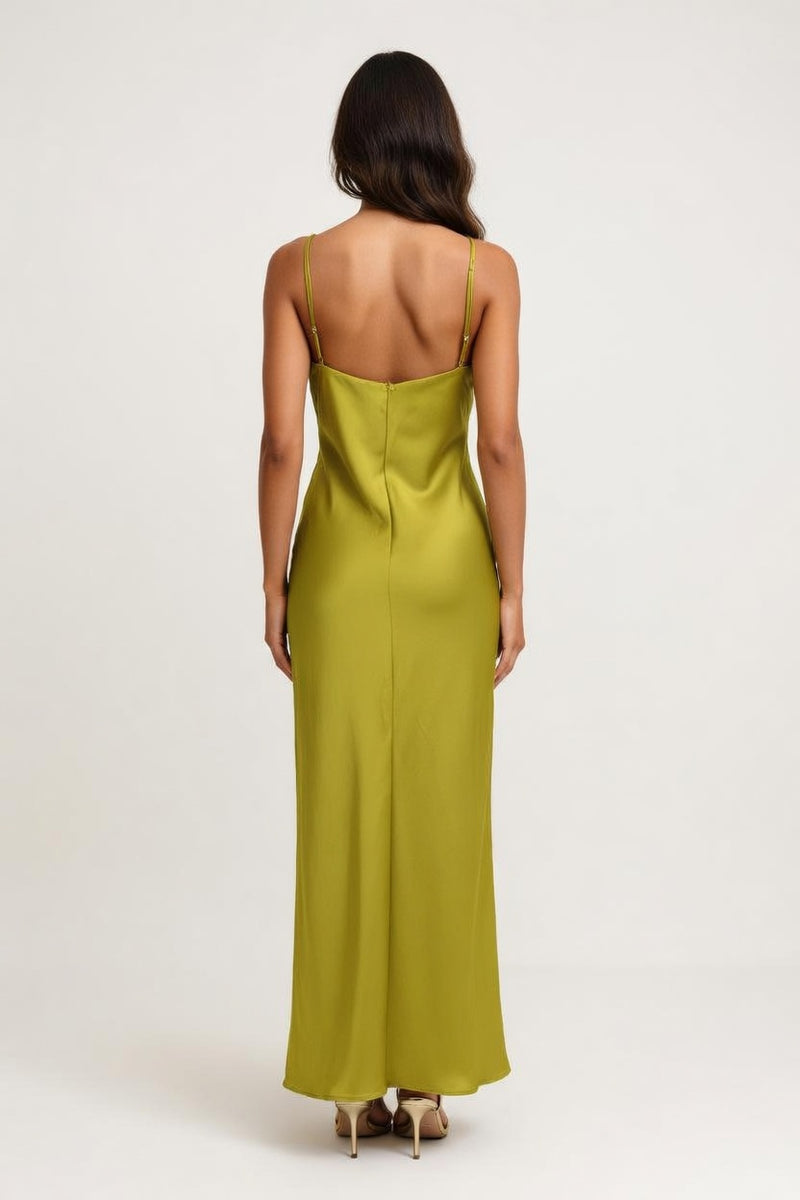 Satin Ruffle High Slit Dress — back view