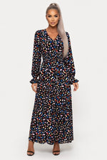 Printed V-Neck Swing Dress — Black