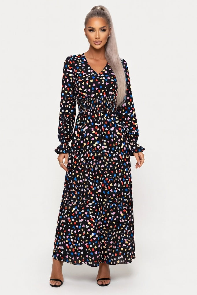 Printed V-Neck Swing Dress — Black