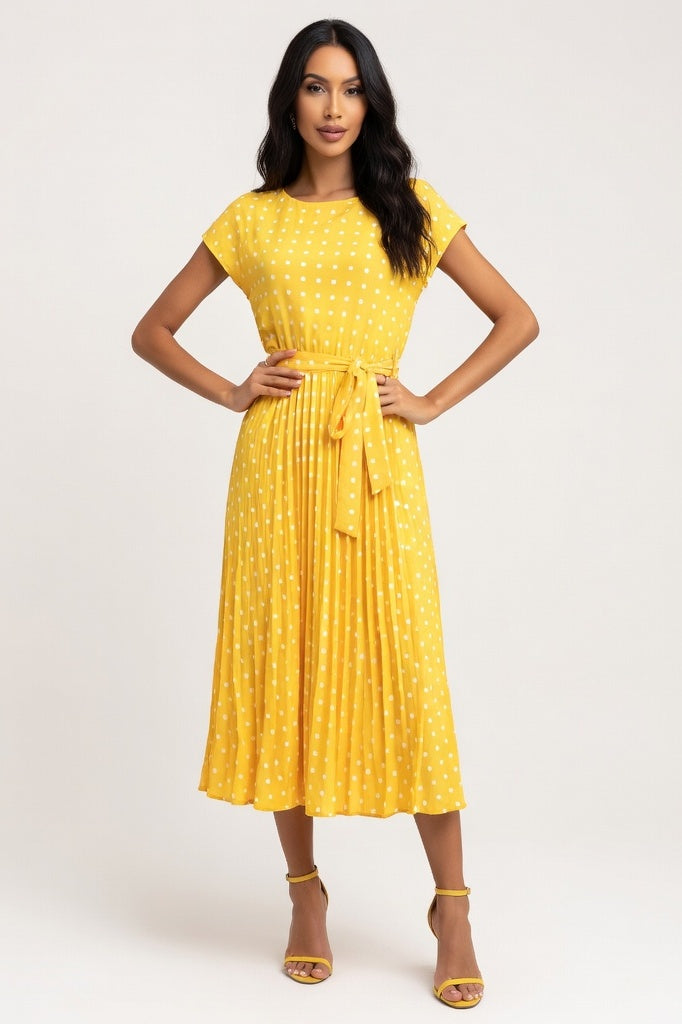 Polka Dot Pleated Dress — Yellow