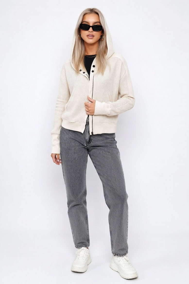 Waffle Knit Zip Hoodie — Off White