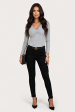 V-Neck Pleated Long Sleeve Top — front view