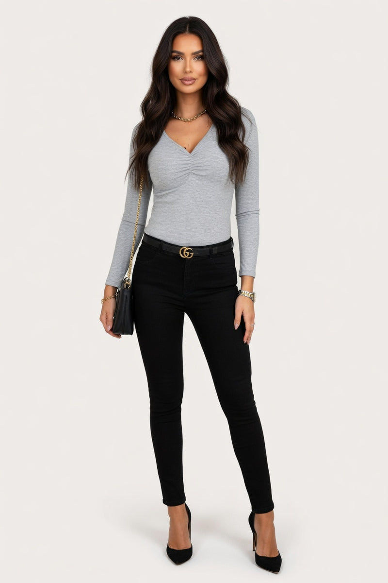 V-Neck Pleated Long Sleeve Top — front view