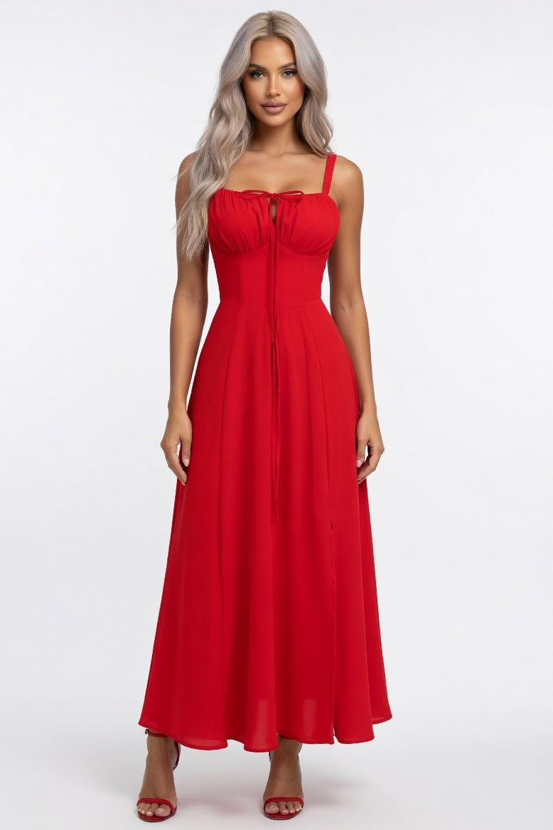 Printed Halter Maxi Dress — Red