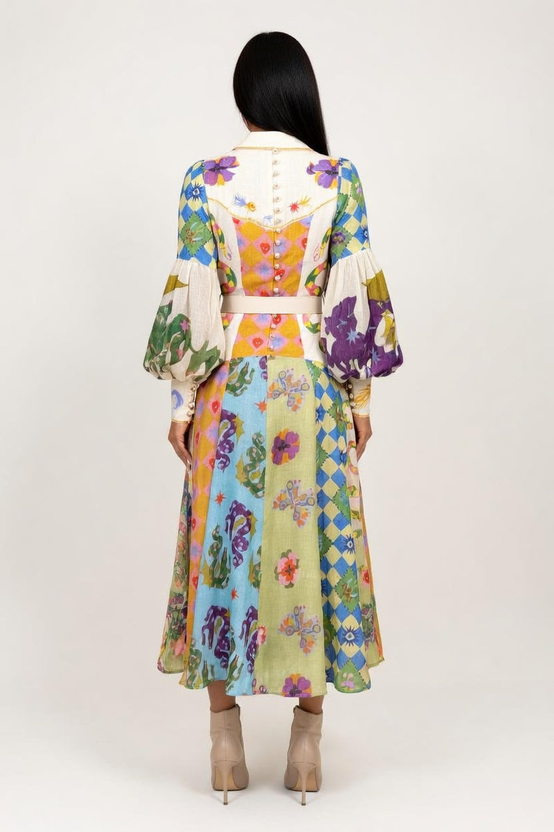 Printed Swing Dress with Lantern Sleeves — back view