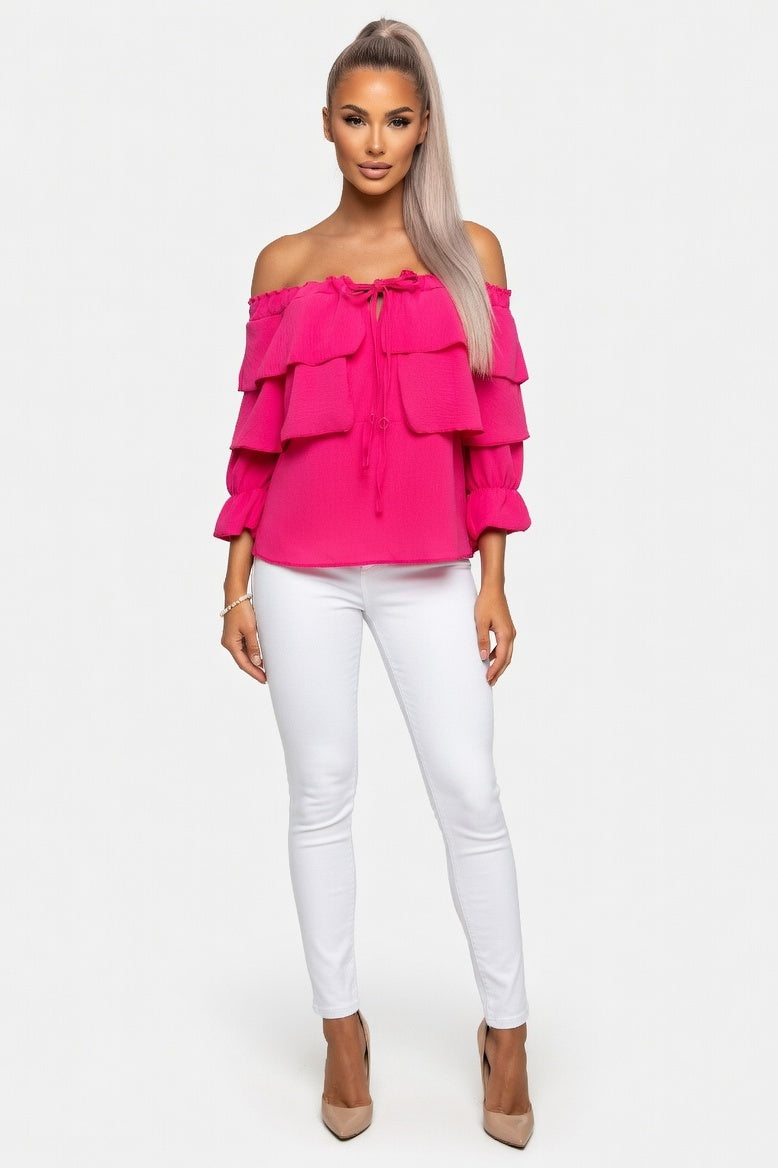 Off Shoulder Chiffon Top — Red