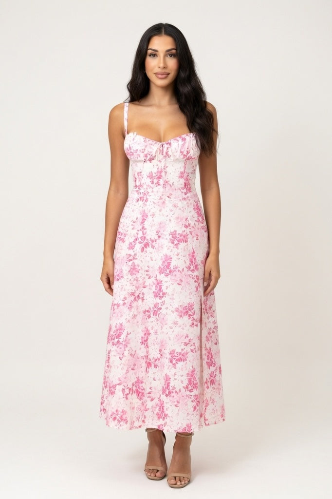 Floral Print Slit Midi Dress — Rose Red