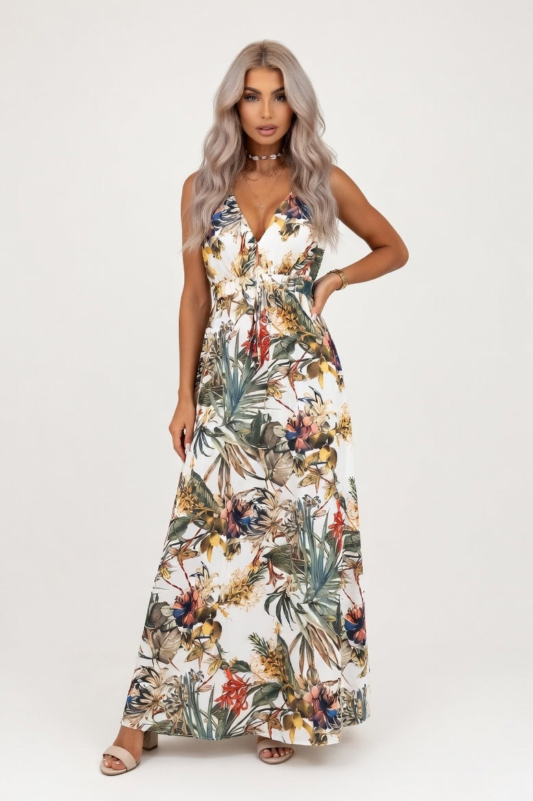 Backless Printed Strap Dress — White Print