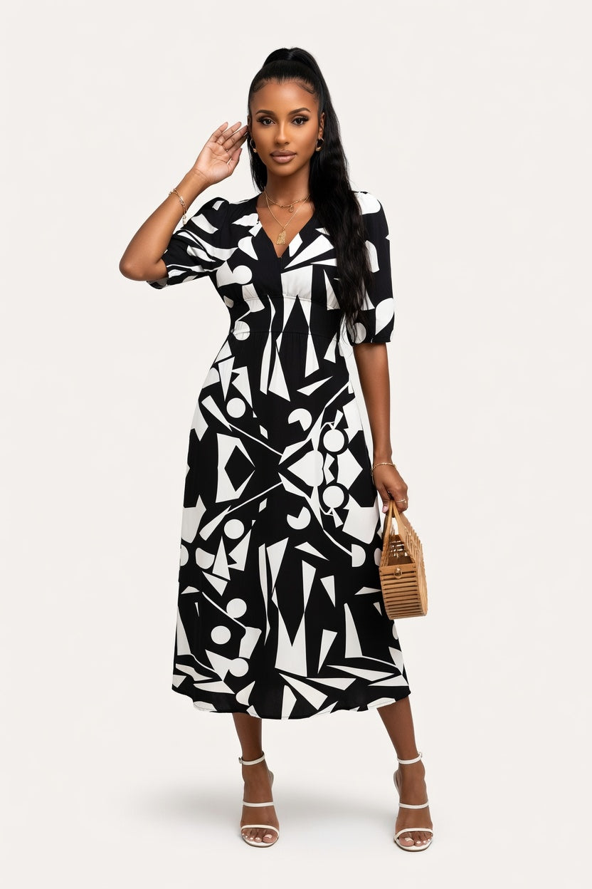 Printed Midi Dress — Black