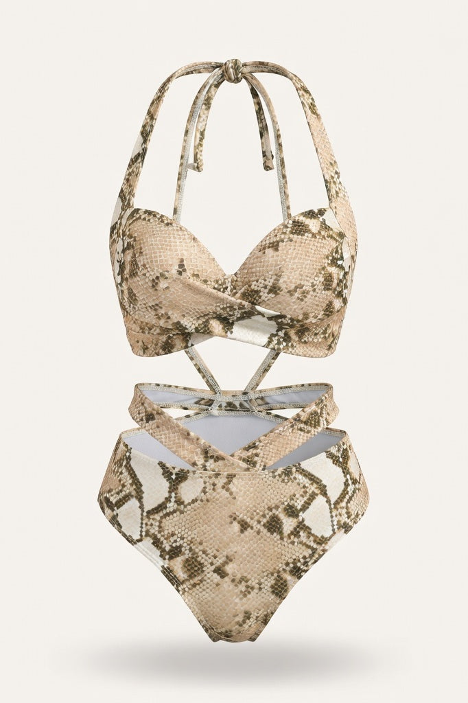 Printed High Waist Bikini Set — Yellow Snake Print