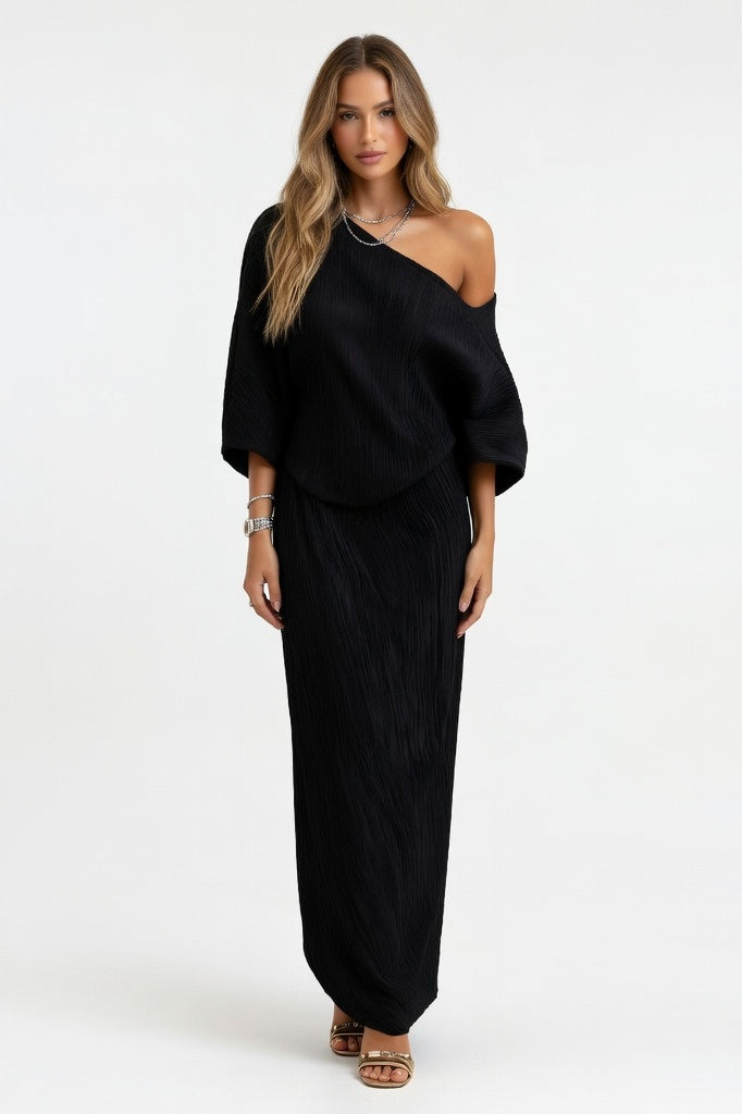 Off-Shoulder Lantern Sleeve Midi Dress — Black