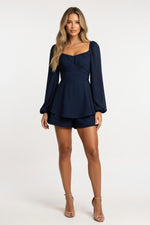 Ruffle Square Neck Jumpsuit — Navy Blue