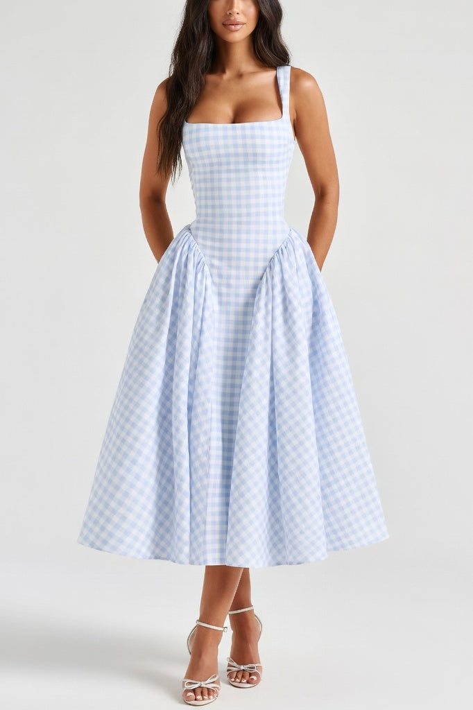 Square Neck Printed Slip Dress — Light Blue