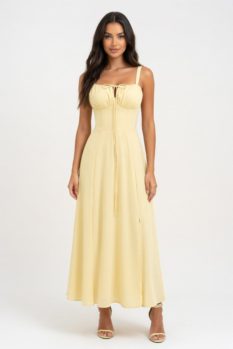 Cross-Back Print Maxi Dress — Yellow