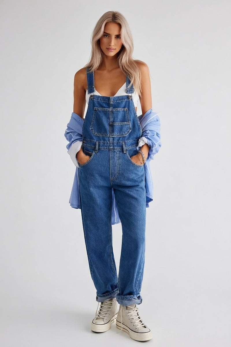 Washed Denim Overalls — front view