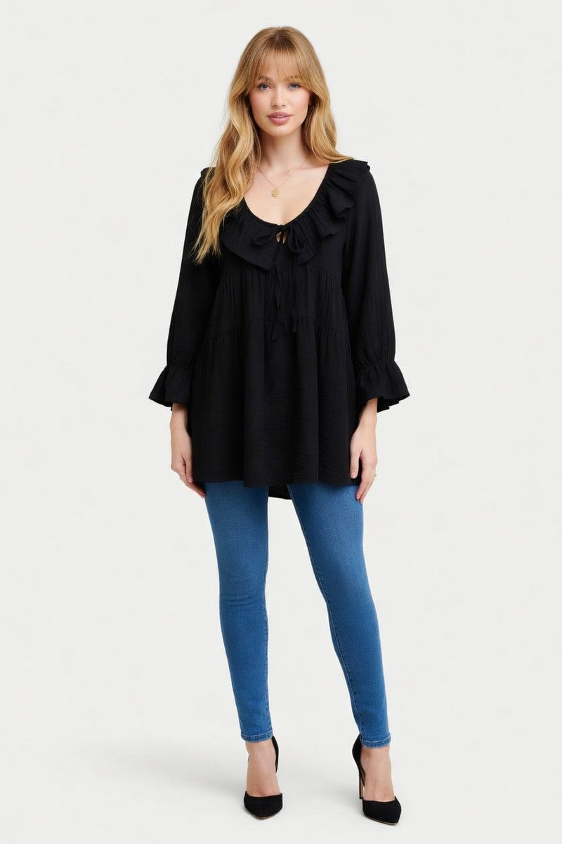 Ruffle V-Neck Lace-Up Top — front view