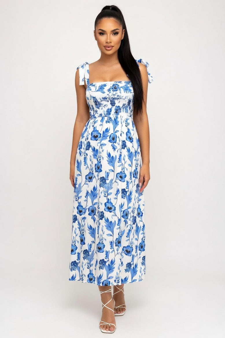 Printed Halter Maxi Dress — Light Blue