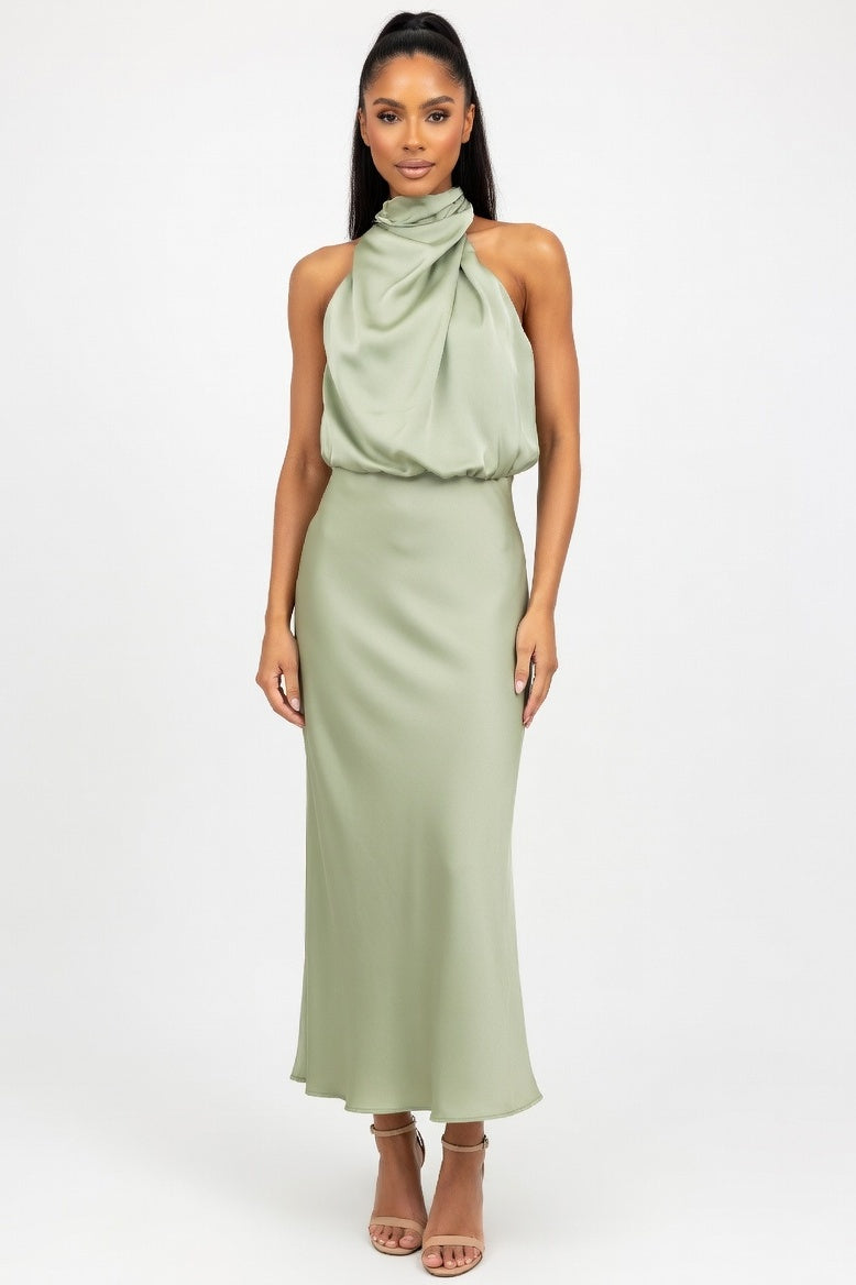Sleeveless Satin Dress — Light Green