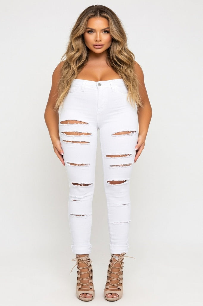 Ripped Pencil Jeans — White
