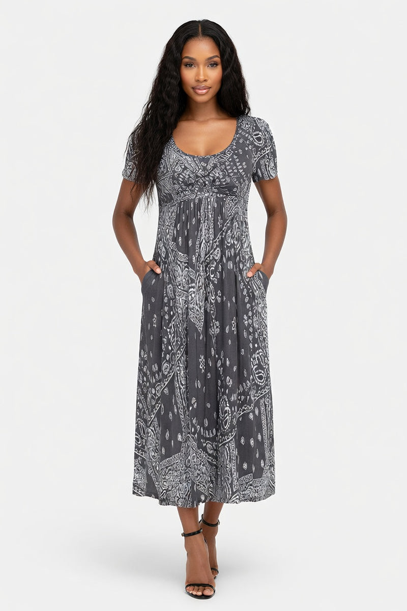 Printed Midi Dress Round Neck Short Sleeve — Grey