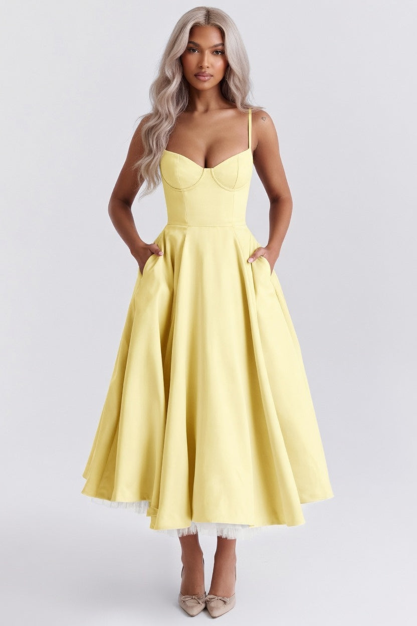 Mesh Double Layer Halter Dress — Yellow