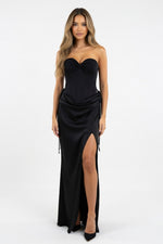 Draped Satin Dress — Black