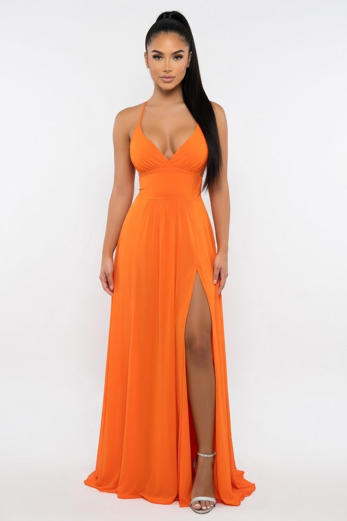 V-Neck Halter Jumpsuit with Side Slit — Orange Red