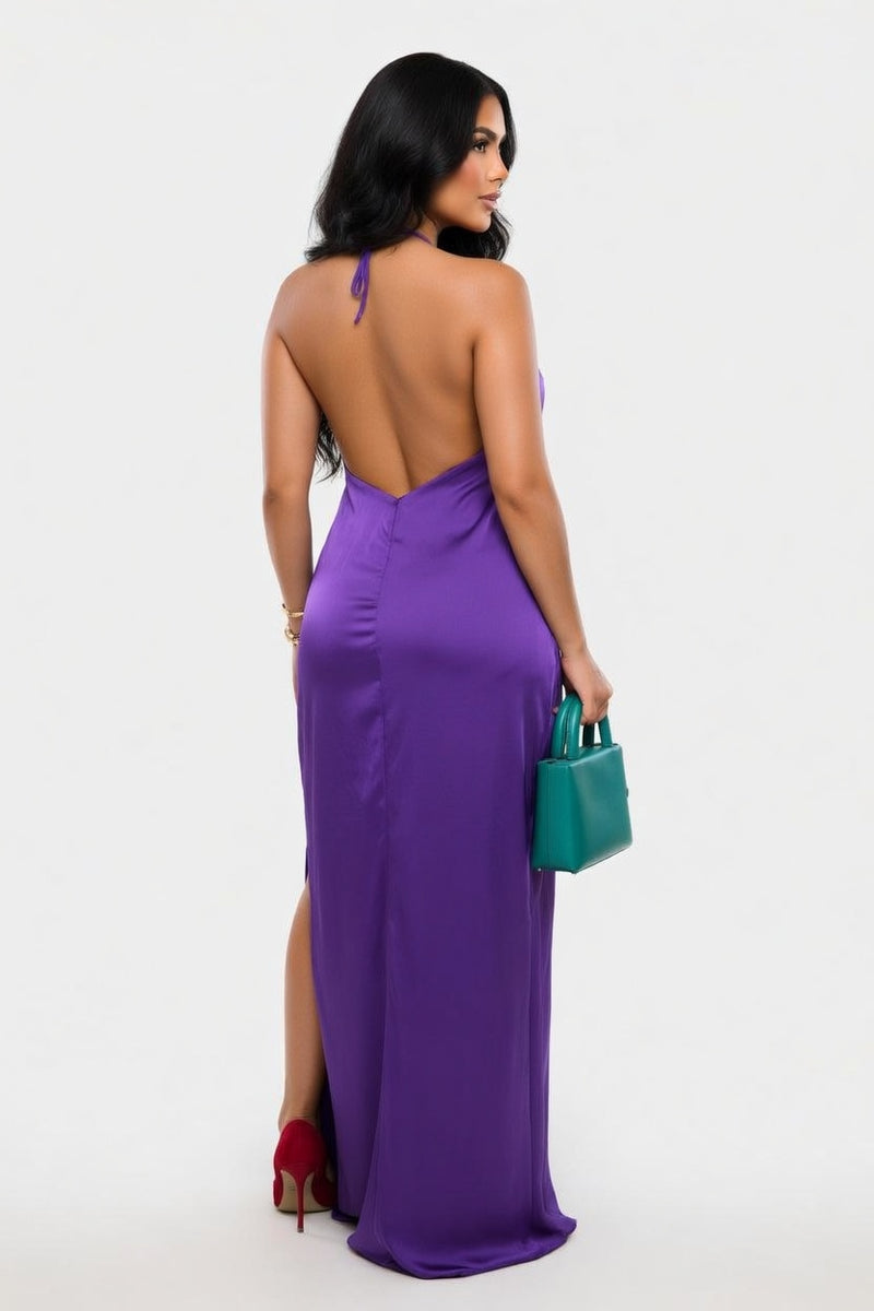 Halter Cut-Out Slit Dress — back view