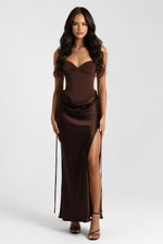 Draped Satin Dress — Coffee