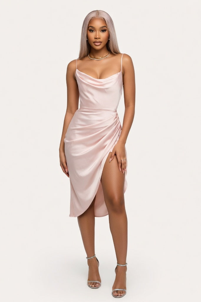 Satin Slip Dress with Side Split — Light Pink