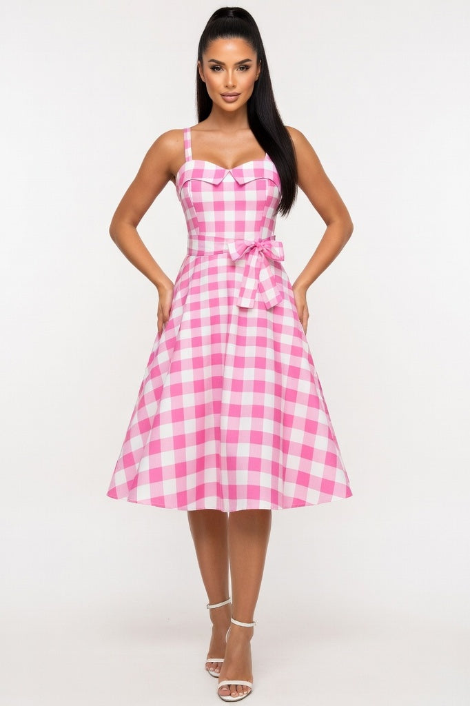 Polka Dot Halter Mini Dress — Pink Check