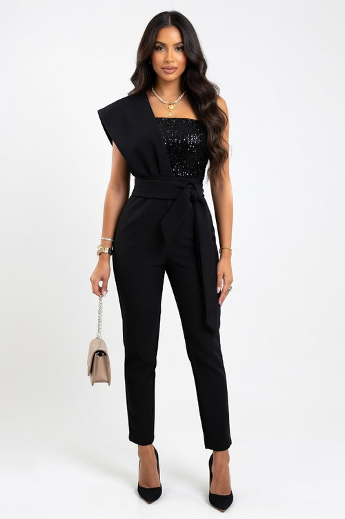 Sequin Sleeveless Jumpsuit — Black Sequin