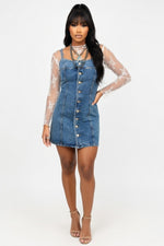 Distressed Denim Halter Dress — Dark Blue
