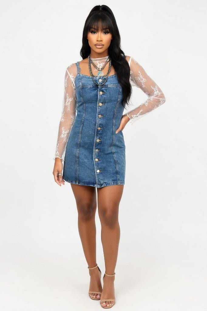 Distressed Denim Halter Dress — Dark Blue