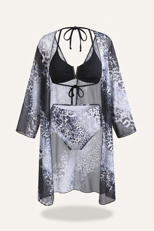 Leopard Print Three-Piece Swimsuit Set — Black Leopard