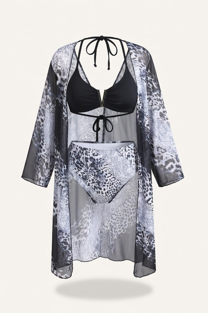 Leopard Print Three-Piece Swimsuit Set — Black Leopard