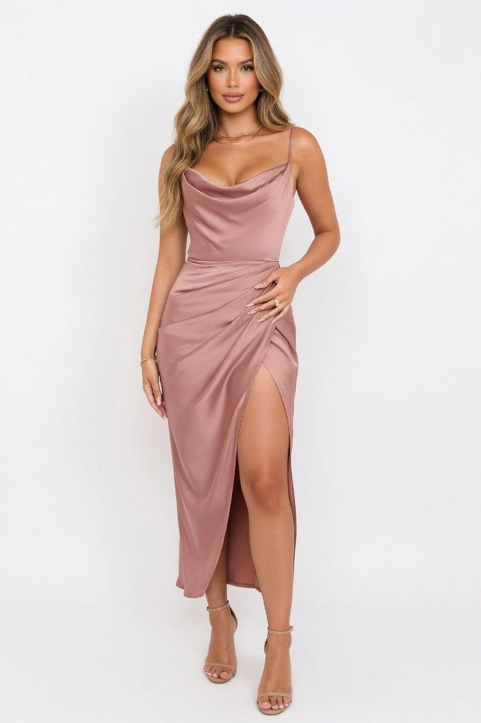 Satin Slip Dress with Thigh Slit — Deep Pink