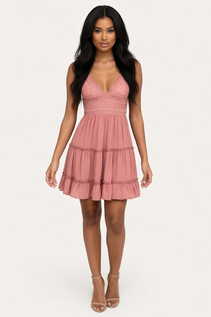 Lace Splice Cami Dress — Pink