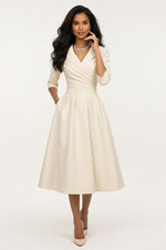 V-Neck Waist-Cinched Dress — Apricot