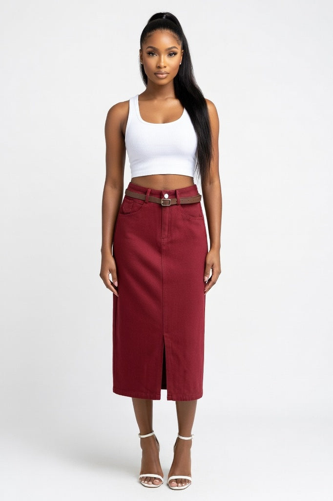 Belted Denim A-Line Skirt — Burgundy