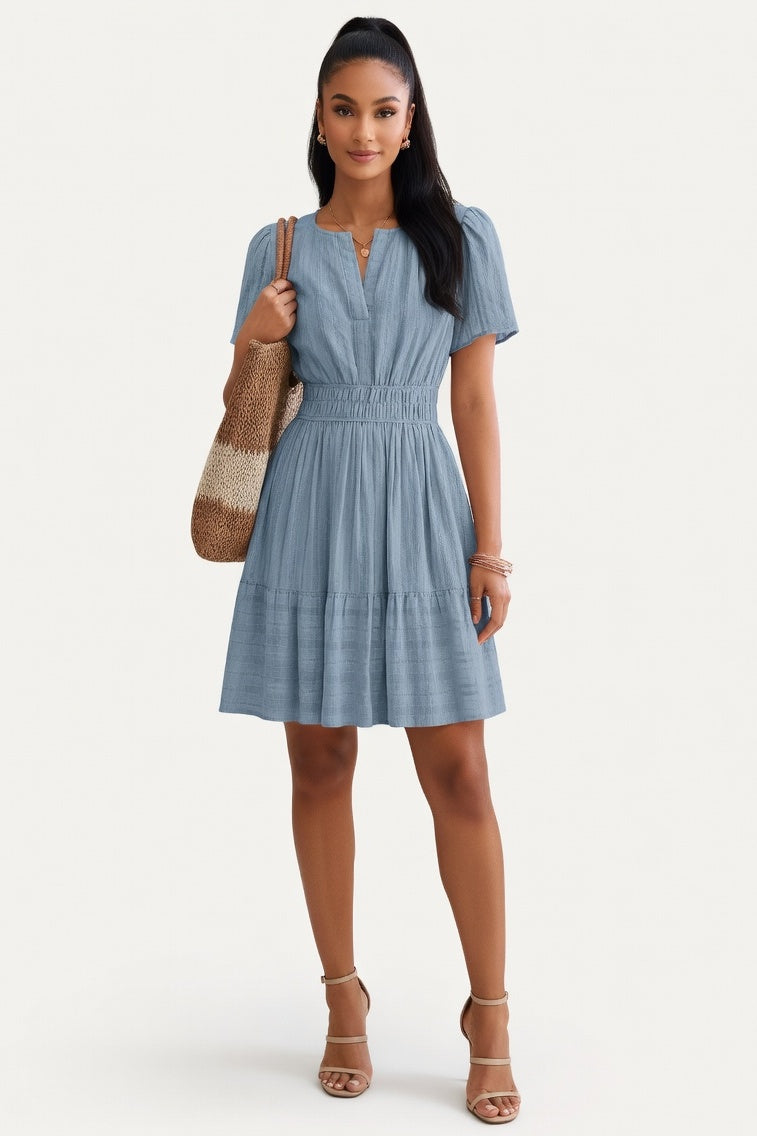 V-Neck Pleated Swing Dress — Ocean Blue