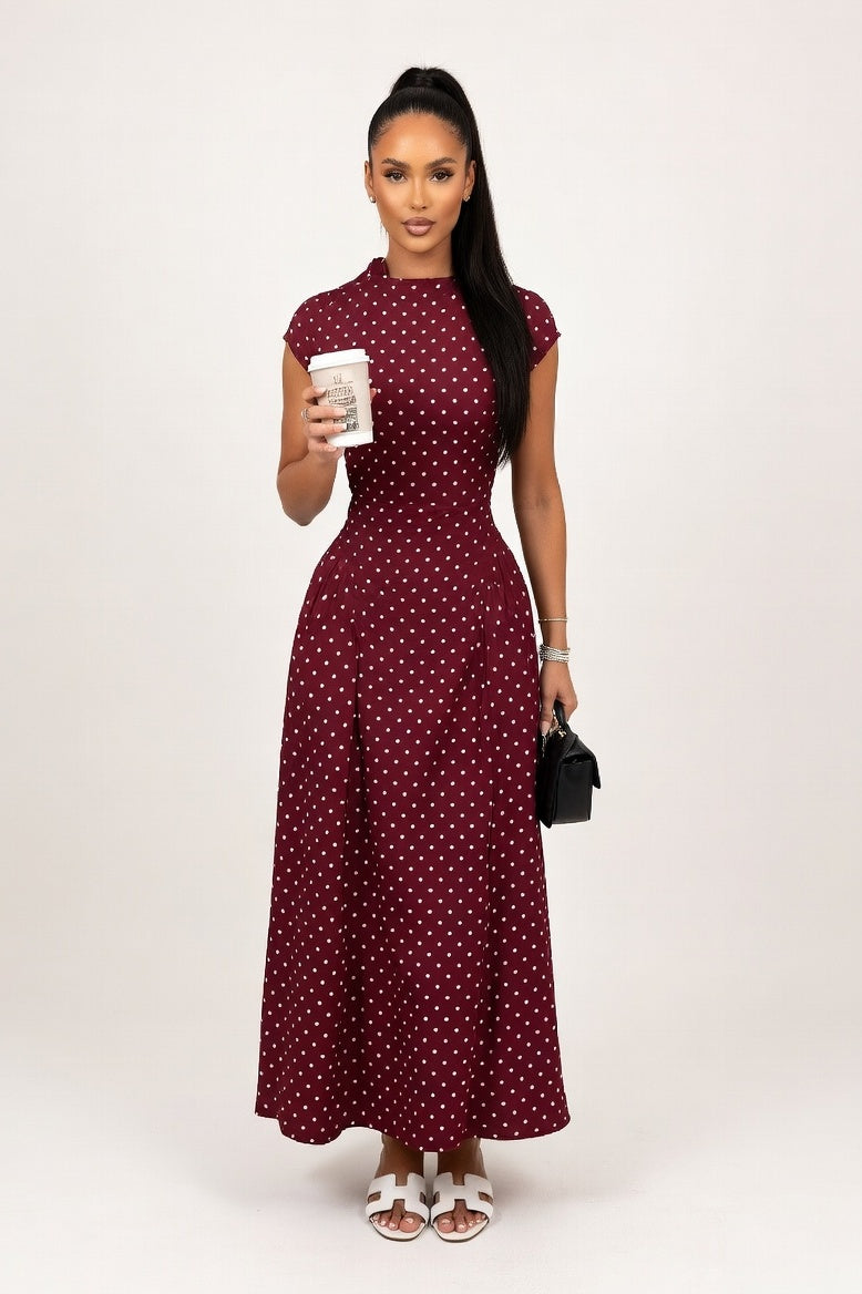 Polka Dot A-Line Midi Dress — Burgundy