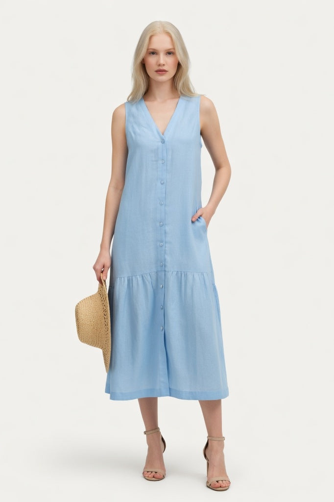 Cotton Halter Maxi Dress — Light Blue