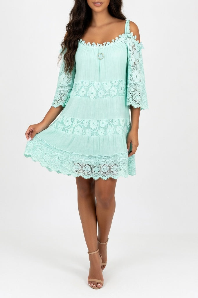 Lace Off-Shoulder Dress — Bright Green