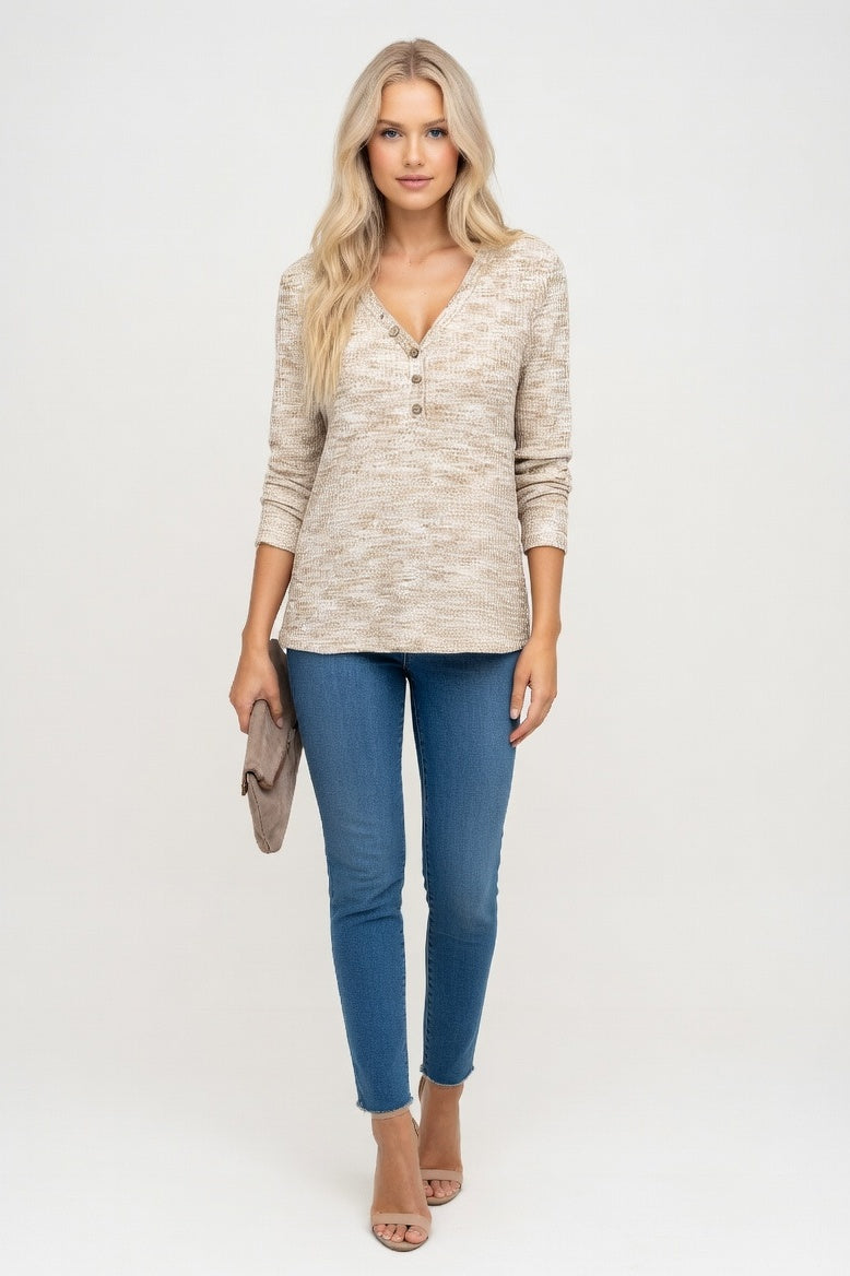 V-Neck Long Sleeve Pullover — Khaki