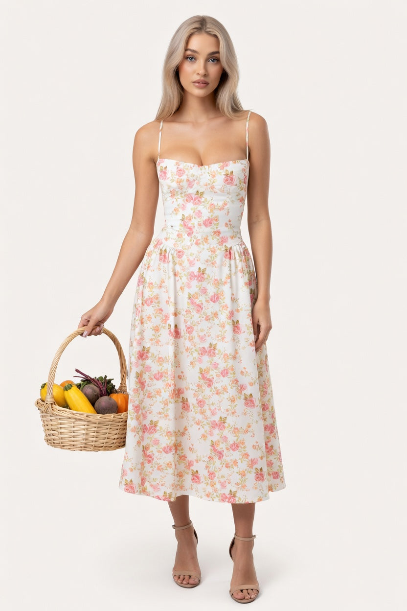 Halter Midi Dress — White Red Floral