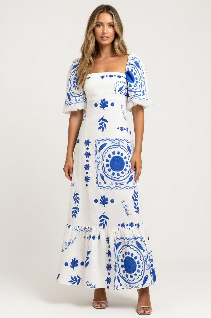 Off-Shoulder Printed Swing Dress — White Print